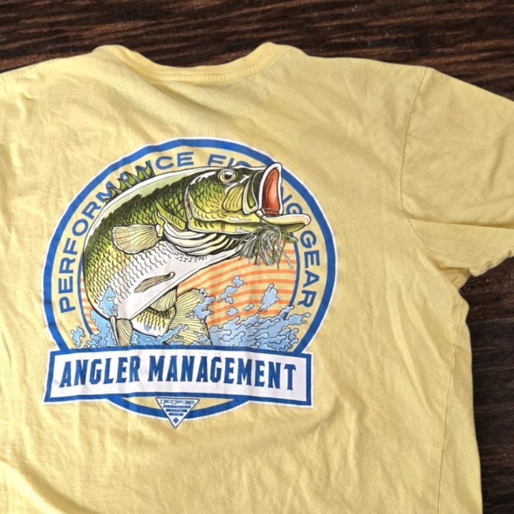 Columbia "Angler Management" Fisherman Tee Yellow Trout Graphic Sportswear / L